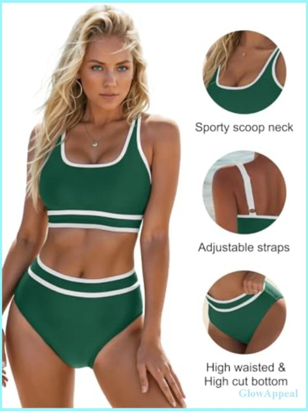 High Waist Bikini Sets Sporty Color Block Two Piece Swimsuits Scoop Neck Cheeky